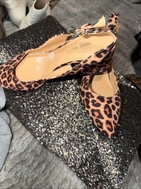 Nine West Leopard Print Pointed Toe Ankle-Strap Flats - Brown/Black